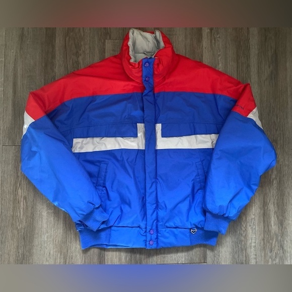 Obermeyer Jacket Men Large Goretex Thinsulate Zip Striped Red White Blue Ski - Picture 1 of 10